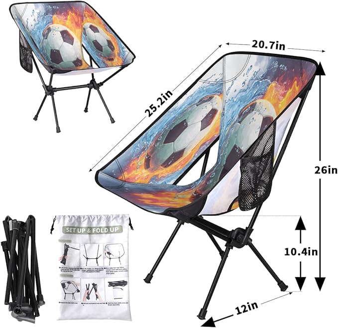 Ice Fire Collision Soccer Camping Chair Folding Backpacking Chair Portable Lightweight Outdoor Chairs with Side Pockets for Hiking Beach Picnic