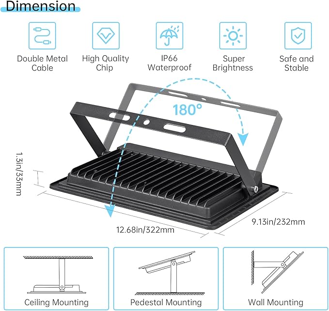 LED Flood Light Outdoor150W LED Work Light UL Plug15000LM Super Bright Security LightsIP66 Waterproof Outside Floodlights 6000K Daylight White Portable Spot Light for YardGarageGarden