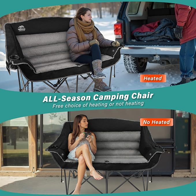 Heated Double Camping Chairs3 Heat Levels Padded Portable Loveseat w/Wine Glass HolderCup HolderHeating Outdoor Camp Couch Support 600 LbsBlackBattery NOT Included
