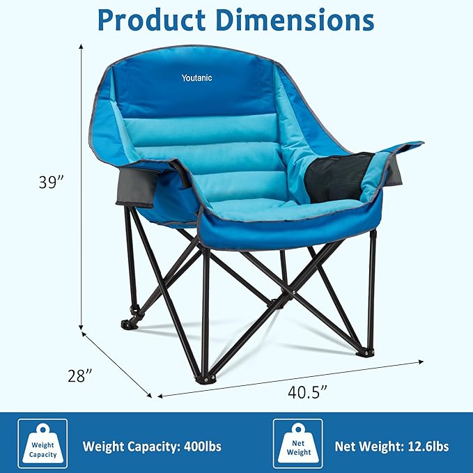 Oversized Camping Chair Portable Folding Camping Chairs with Side Pocket Cup Holder and Carry Bag Heavy Duty Outdoor Camping Chairs for Adults Fishing Sports Trip up to 400lbs Style 1