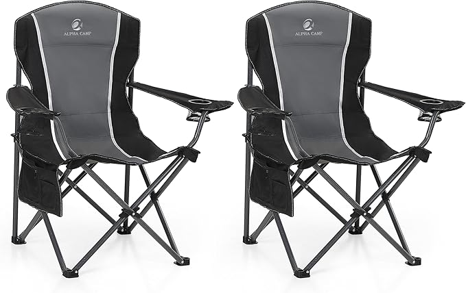 ALPHA CAMP Oversized Camping Folding Chair - Heavy Duty Steel Frame Support 350 LBS Collapsible Padded Arm With Cup Holder Quad Lumbar Back Portable for Outdoor/Indoor