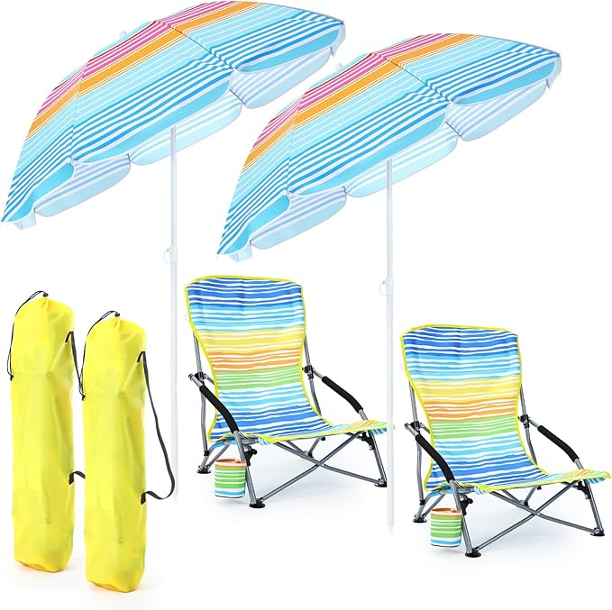 Huwena 2 Pack Beach Chair for Adult with 2 Umbrella Low Folding Chair Detachable Adjustable Lightweight with Armrests Cup Holder Carry Bag Portable for Sand Camping Travel Outdoor Pool (Multicolor)
