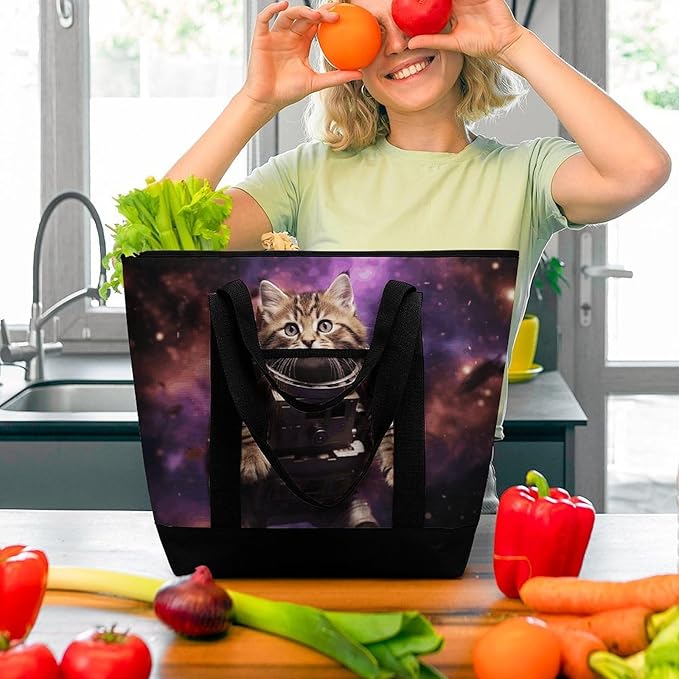 Insulated Shopping BagLarge Reusable Cooler Bags A Cat in Outer Space Printed Foldable Shopping BagTravel Waterproof Shoulder Bag