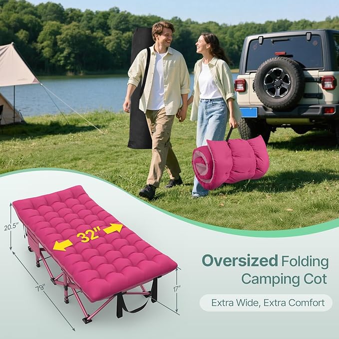 Suteck 32In XXL Folding Camping Cot 900LBS Heavy Duty Sleeping Cot with Pillow Mattress 1200D Double-Layer Oxford Portable Cot for Adults with Carry Bag for Home Office Nap Beach Travel