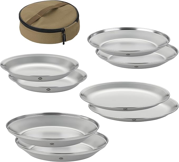 CAMPINGMOON Camping Plates 8 pack set Salad Side Dinner Plate Dishes Outdoor Tableware Stainless Steel with Canvas Case S397-2S