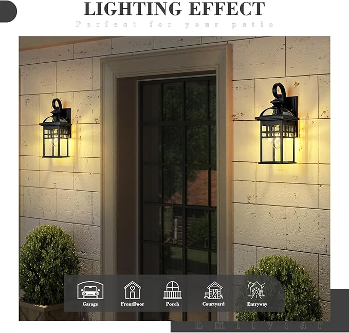 Emliviar 2 Pack Outdoor Light Fixtures Wall Mount 15 Modern Outdoor Sconce Lights for House Black Finish with Seeded Glass DE281-2PK BK