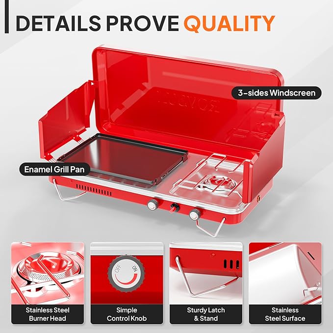 ROVSUN 2-in-1 Portable Camping Stove &amp Propane Grill with Enamel Griddle &amp Piezo Igniter Tabletop Camp Stove with Built-in Handle Wind Panel &amp Regulator for Camping Tailgating Grilling