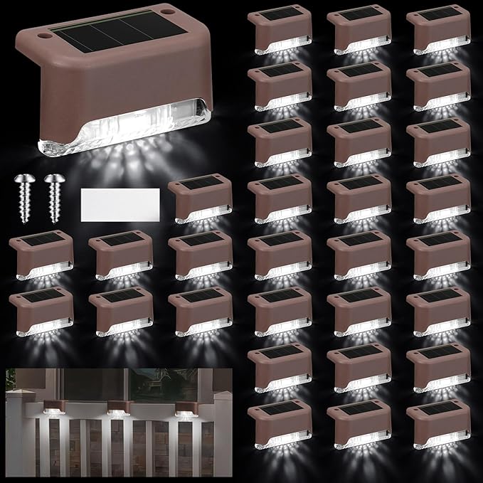Geelin 32 Pcs Solar Deck Lights Outdoor Waterproof LED Solar Step Fence Lights for Stairs Step Railing Patio Driveway Garden Pathway and Yard(Brown Shell Cool White Light)
