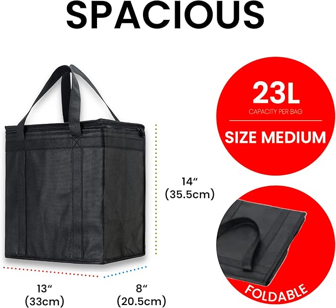 NZ home Insulated Bags for Food Delivery (Medium) Grocery Shopping Cooler Bag Pizza Delivery Hot &amp Cold Catering Tote Reusable Foldable &amp Heavy Duty (2 Pack Black)