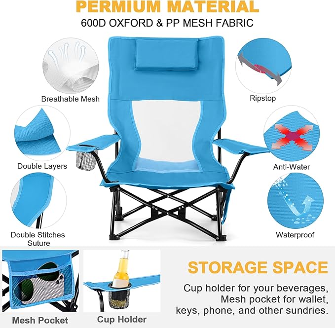 Joyfair 2 Pack Beach Chair Camping Chairs Set(High Back) Heavy Duty Folding Low Lawn Camp Chair for Adults for Outdoor Sport Fishing Armrest Chair with Portable Bag Pillow Cup Holder (Blue)