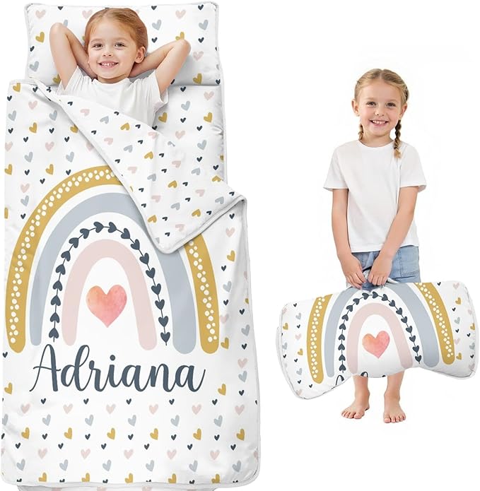 Personalized Boho Rainbow Toddler Nap Mat with Pillow and Blanket Custom Name Kids Sleeping Bag for Daycare Preschool Napping Mats for Girls Kids Slumber Bags Sleep Padded Easy Roll Up