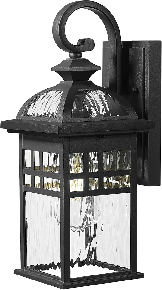 Emliviar Farmhouse 15 Inch Patio Wall Light Fixture 1-Light Outdoor Wall Light with Water Ripple Glass Black Finish DE281B BK-WP