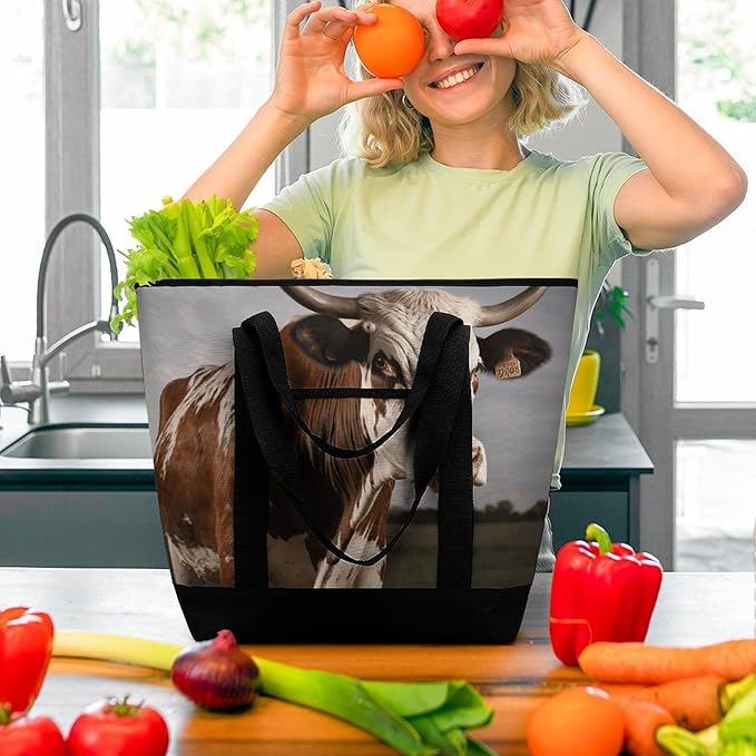 Insulated Shopping BagLarge Reusable Cooler Bags Cow Printed Foldable Shopping BagTravel Waterproof Shoulder Bag