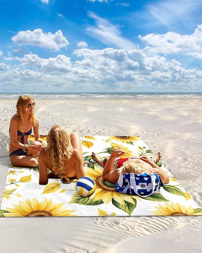 Beach Blanket Waterproof Sandproof Picnic Blanket 108x84 Foldable Beach Mat with Sunflower Watercolor Spring Flowers Pastoral Pattern for Camping Park Grass Beach Travel