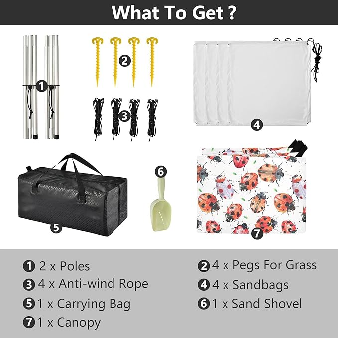 ALAZA Lady Bug Watercolor Beach Tent Sun Shelter UPF50+ Protection Beach Shade Canopy w/ 4 Sandbags for Outdoor Camping Fishing Backyard Fun Picnic 10x9 ft