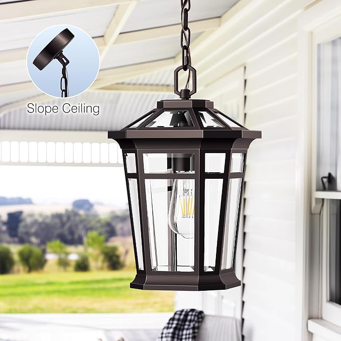 VIANIS Large Outdoor Pendant Light Oil Rubbed Bronze Outside Hanging Lights Hanging Porch Light Fixture with Adjustable Chain 100% Aluminum Waterproof Anti-Rust Ceiling Lighting for House Doorway