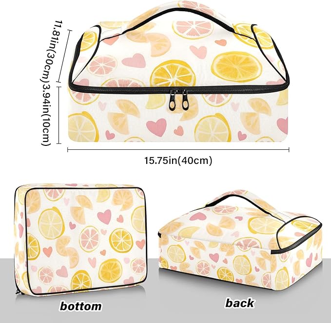Casserole Carrier Lemon Slices and Heart PatternInsulated Casserole Carrier for Hot or Cold Food Thermal Lunch Tote for Potluck Parties Picnic Beach Fits 9 x 13 Inches Baking Dish