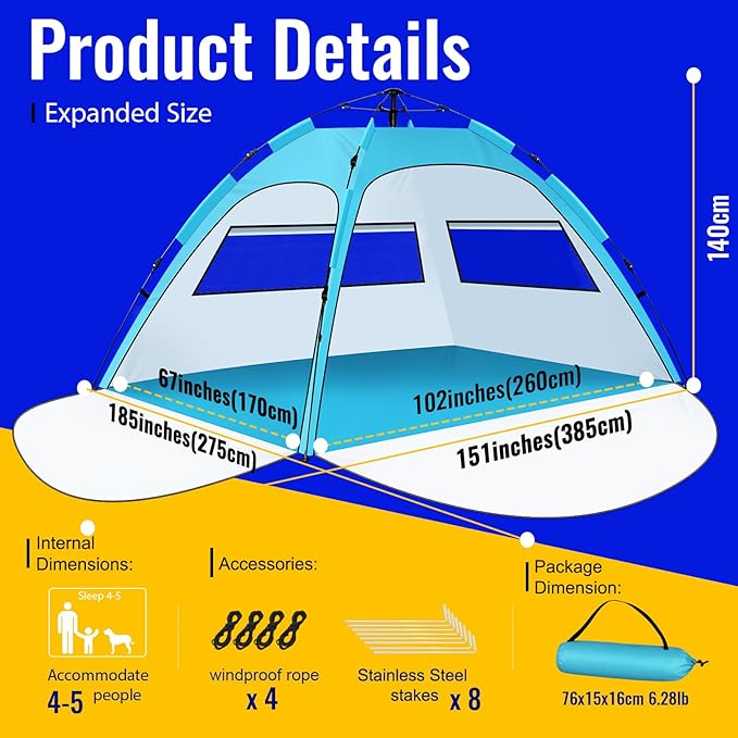 Beach Tent Sun Shade for 4-5 Person Two Doors Large Pop Up Beach Tents for Adults and Kids Portable Automatic Instant Sun Shelter Canopy Tent UV 50+ Ideal for Garden Fishing Picnic