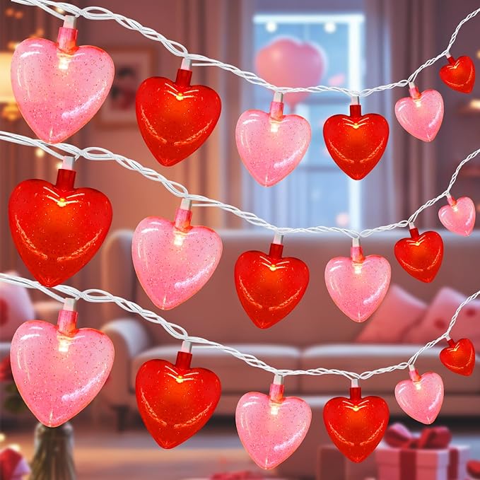 12Ft Red Pink Heart String Lights Valentine's Day Decorations Lights Outdoor Waterproof with 20 LED Clear Heart Light with Glitter for Home Door Fireplace Windows Fence Valentines Day Party Decor