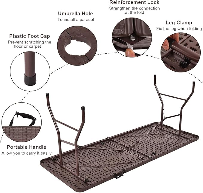 Tangkula 6Ft Rattan Folding Table Indoor Outdoor Portable Foldable Table with 1.8 Inch Umbrella Hole Heavy Duty Metal Frame Carrying Handle for Camping Picnic Backyard BBQ