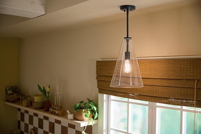 Everly 13.75 1-Light Bell Pendant with Clear Glass in Black for a Kitchen Island Dining Nook or Home Bar (13.75 x 7) 42456BK