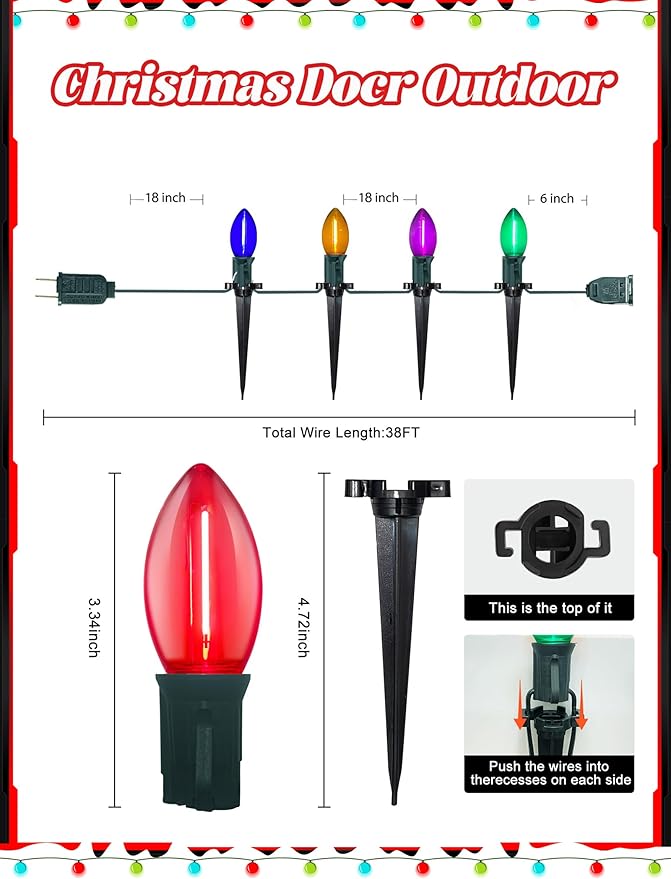 C9 Christmas Pathway Lights Outdoor 38 Ft 25 LED Multicolor C9 Christmas Lights Connectable Outdoor Waterproof Walkway Markers Light for Driveway Yard Garden Lawn Xmas Decorations