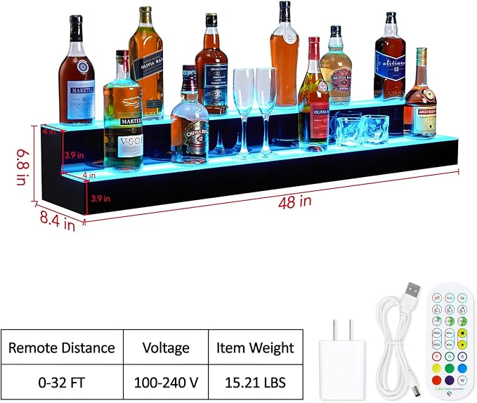 LED Lighted Wine Racks Countertop Wine Bottle Holder Liquor Bottle Display Shelf 2-Tier 48 Inch Acrylic Whiskey Rack with Remote &amp App Control USB Powered for Home Bar &amp Commercial Use