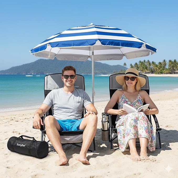 SUNNYFEEL Folding Beach Chair High Back Beach Chairs for Adults Lightweight Portable Camp Chair 300lbs Heavy Duty with Carry Bag Mesh Back Cup Holder for Outdoor Travel Picnic Concert Black