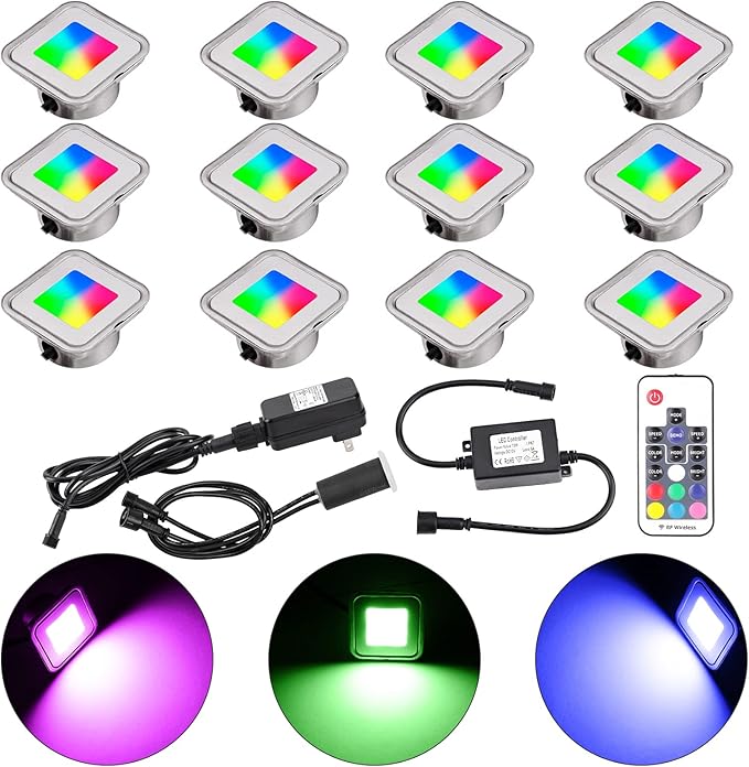 RGB Recessed LED Deck Lights 12 Pack Square Low Voltage In-Ground Floor Lights IP67 Waterproof Color Changing for Stairs Patio Deck &amp Landscape