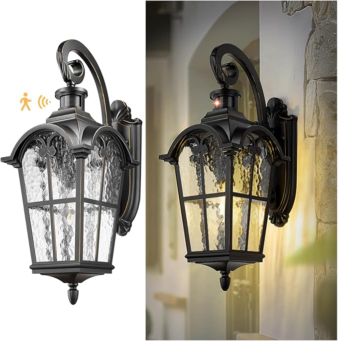 Emliviar 24 Motion Sensor Outdoor Light Fixtures Wall Mount Aluminum Exterior Porch Light in Black Finish with Gold Edges Outside Wall Light with Water Glass WE305BL-SE BG-SW