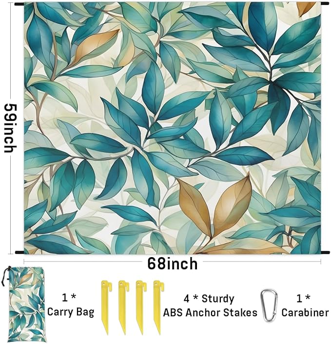 Waterproof Sandproof Beach Blanket 59''×68'' Plant Polyester Outdoor Picnic Blanket with 4 Stakes &amp Storage Bag for BeachCampingVacation Peacock Blue