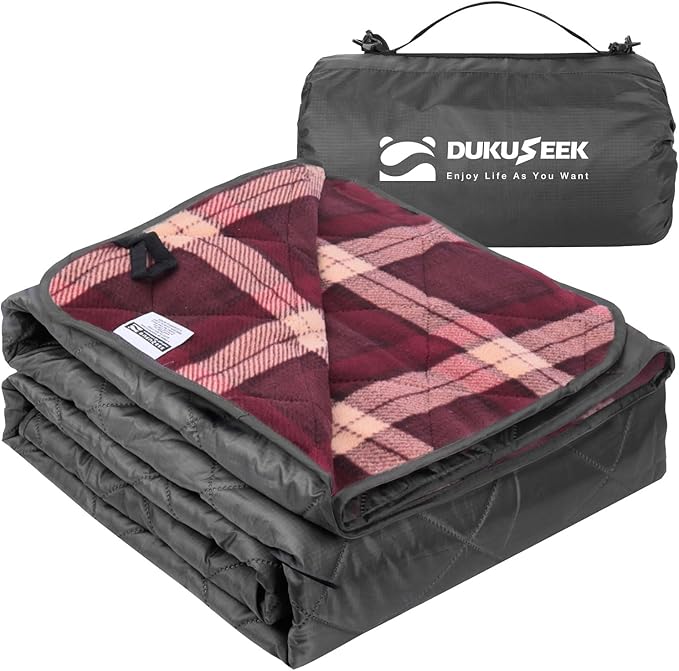DUKUSEEK Large Camping Blanket - Waterproof Quilted Extra Thick Fleece Warm Windproof Wearable Includes Foldable Hood and Stuff Sack for Car Outdoor Sports Picnics Stadiums Dogs…
