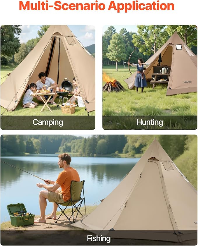 VEVOR Hot Tent Camping Tipi Hot Tents with Stove Jack Portable Winter Camping Tents with Snow Skirt Easy Setup Waterproof 4 Season Shelter Tents for Fishing Backpacking