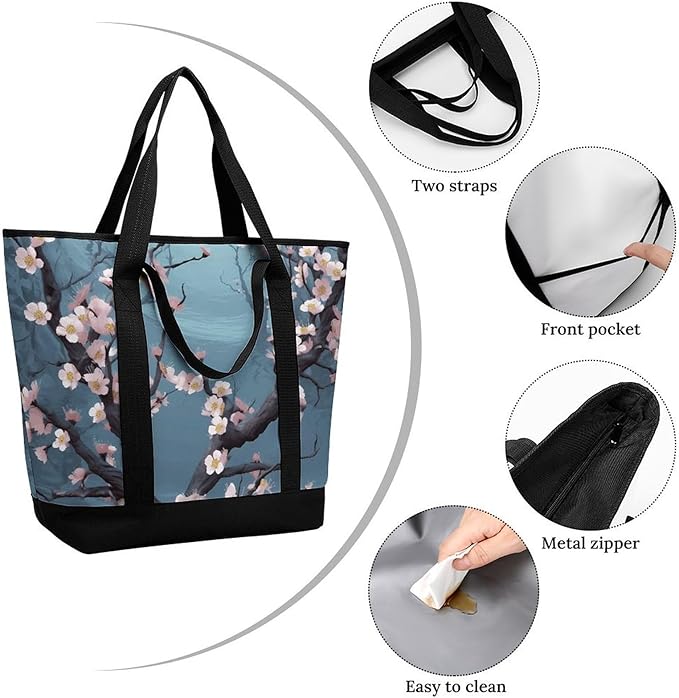 Insulated Shopping BagLarge Reusable Cooler Bags Cherry Blossom Printed Foldable Shopping BagTravel Waterproof Shoulder Bag