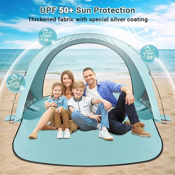 Beach Tent Sun Shelter Beach Tent with Beach Mat Set 4 Person Portable Beach Shade Canopy with UPF 50＋ UV Protection Dual-Door Ventilation Design Easy Setup Family Beach Umbrella (Green)