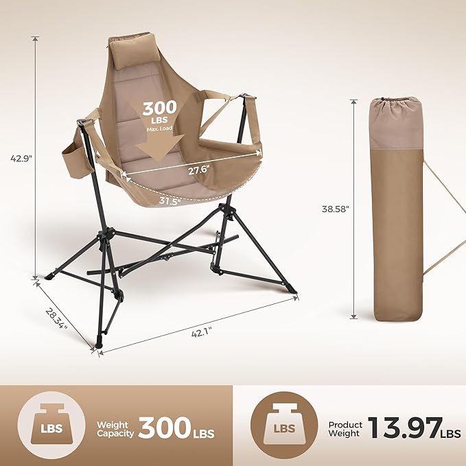 LET'S CAMP Hammock Camping Chair Lightweight Portable Outdoor Chair for Camping and Hiking Supports 300lbs Khaki