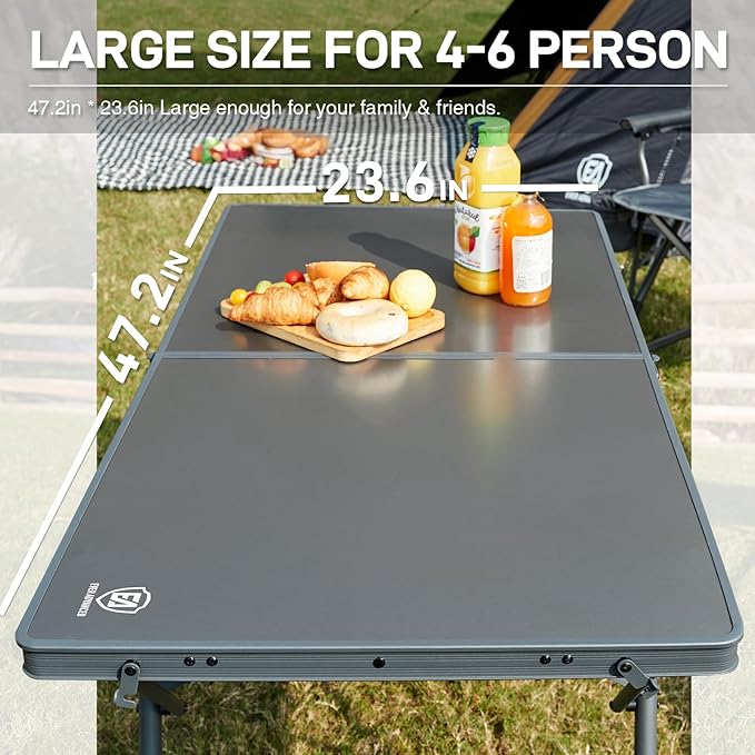 EVER ADVANCED Large Camping Table for 4-6 Person Portable Folding Aluminum Table with Carrying Handle Suitable for BBQ Picnic Camping and Indoor Use Support up to 130LBS Gray