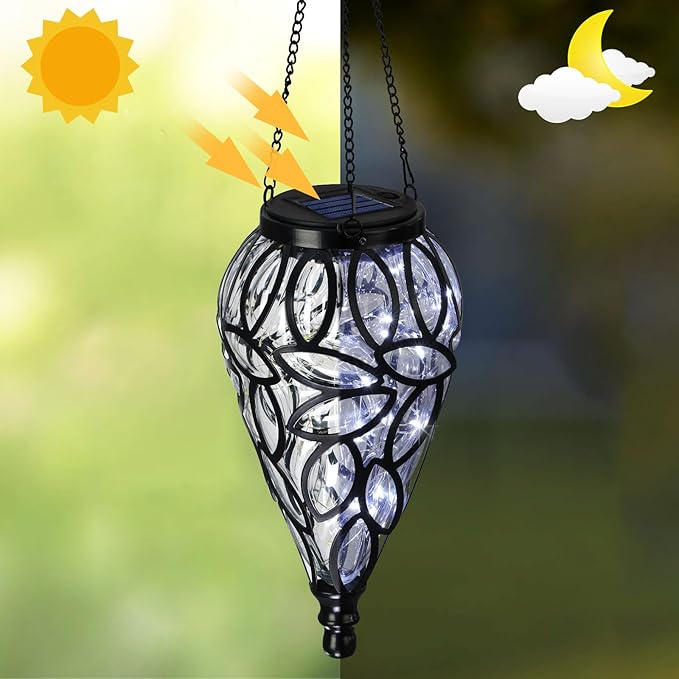 SUNNYPARK Outdoor Plastic Solar Hanging Lantern 15 Cool White LEDs Twinkle Effect Tear-Shaped Hanging Lantern Decor Garden Decorative Solar Lights for Backyard Patio and Lawn