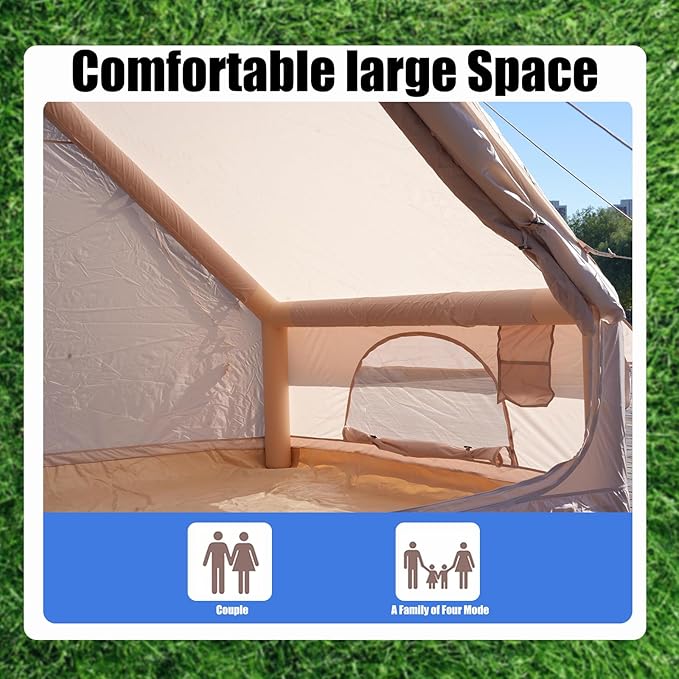 Inflatable Tents for Camping with Pump Air Glamping Tents Easy Setup 10 * 6.9ft Waterproof Blow up Tent 2-4 People Oxford Cabin Tent with Mesh Window.