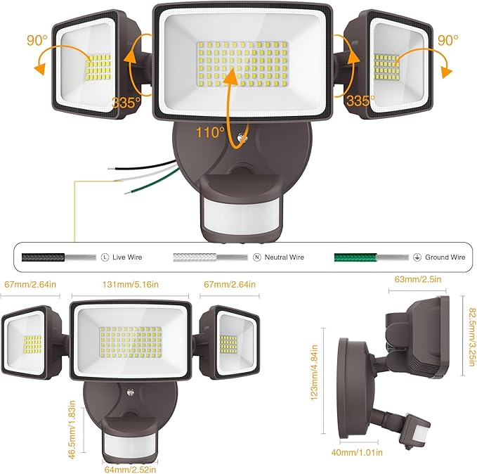 Onforu 75W LED Flood Light Motion Sensor Outdoor 7000lm Dusk to Dawn Flood Light Security Light with Three Head IP65 Waterproof Exterior Floodlight 6500k Wall Light for Entryway Stairs Yard Garage