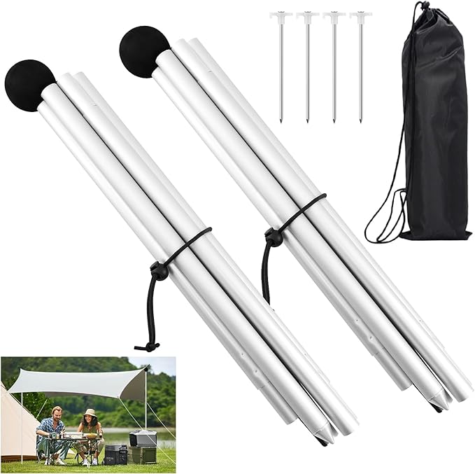 Beach Tent Poles Replacement - 6.56Ft Awning Poles with Ground Stakes for Tarp Canopy Foldable Aluminum Alloy Tarp Poles for Camping Parties Fishing and Hiking 2-Pack