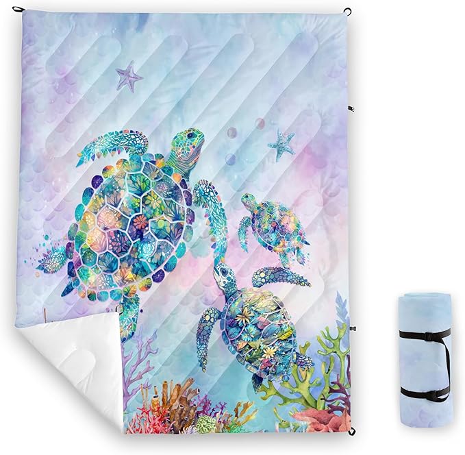 Axolotl Colorful Turtle Printed Camping BlanketRainbow Mermaid Scales Travel BlanketCoral Starfish Lightweight Packable Outdoor BlanketOcean Animal Backpacking for CampingSleepingHikingPicnic