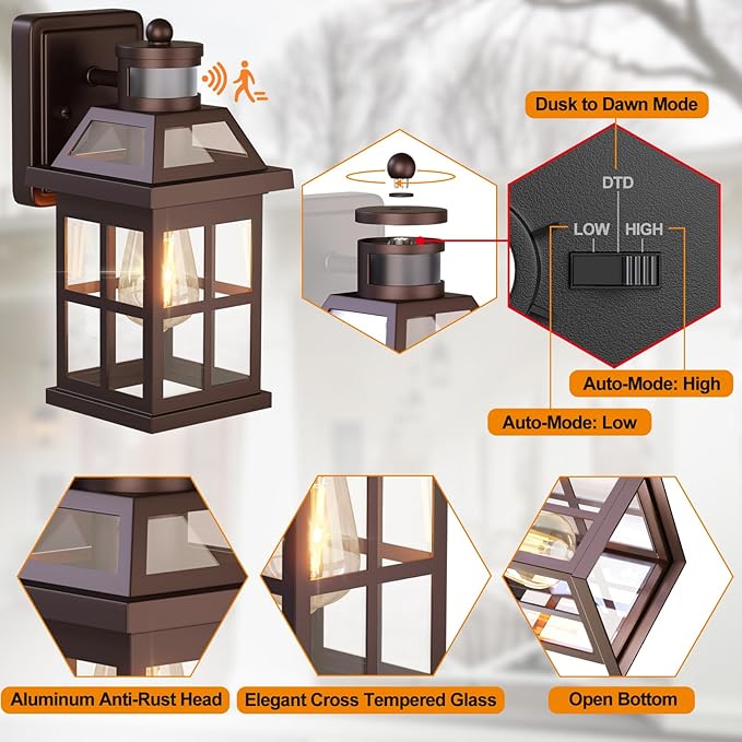 Bronze Outdoor Wall Lights with Motion Sensor ETL Exterior Light Fixtures Waterproof 2 Pack Anti-Rust Aluminum Porch Lights Dusk to Dawn Outdoor Lights Brown Lantern Sconces for House