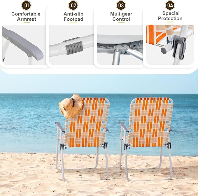 Bonnlo Foldable Patio Chair Set of 2 Heavy-Duty Steel Frame Supports 265 lbs/120 kg Ultra-Lightweight Portable for Travel Poolside Camping Beach (Orange Crisscross Weave)
