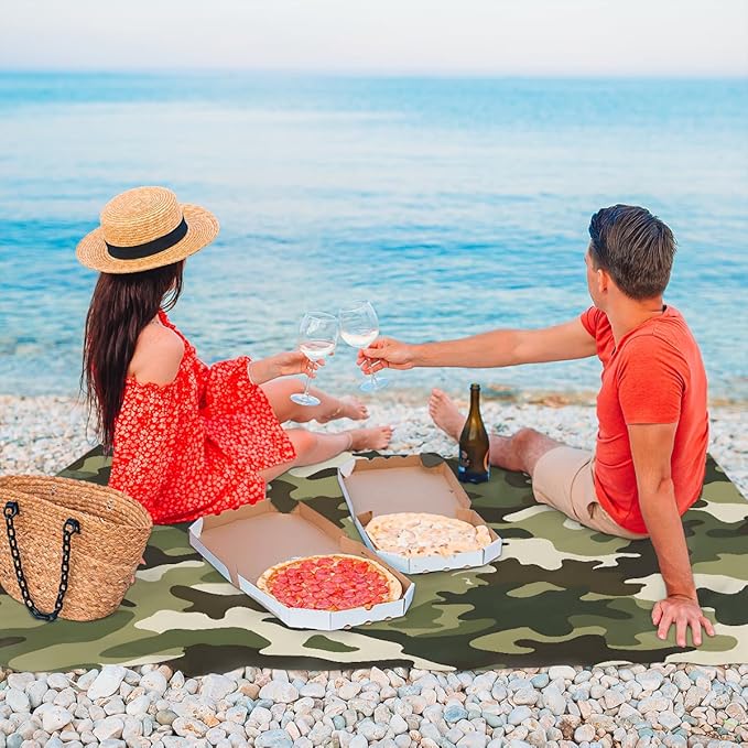 Waterproof Sandproof Beach Blanket 59''×68'' Camouflage Polyester Outdoor Picnic Blanket with 4 Stakes &amp Storage Bag for BeachCampingVacation Light Green