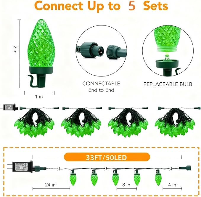 C9 LED Christmas Lights Outdoor33 Feet 50 LED 8 Lighting Modes Waterproof Connectable Christmas String Lights for Outside Roofline Patio Home Xmas Decorations (Green)