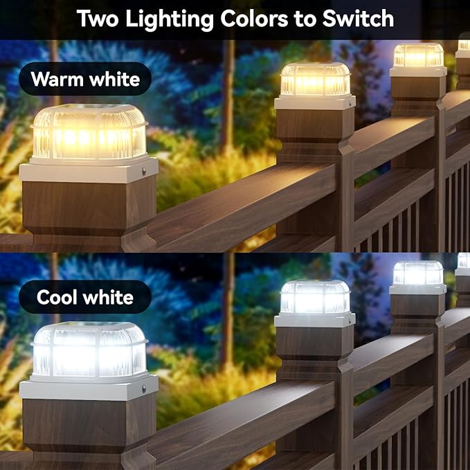 Solar Post Light 6 Packs with 4x4 5x5 and 6x6 Inches Base for Vinyl/Wooden Posts Bright 16 LEDs Solar Cap Lights with Two Light Modes for Decorating Deck Patio Porch Fence (White)