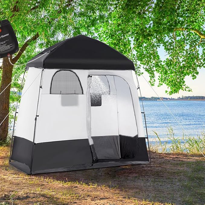 Outsunny Shower Tent Pop Up Privacy Shelter for Camping Dressing Changing Room Portable Instant Outdoor Shower Tent Enclosure w/ 2 Rooms Shower Bag Floor and Carrying Bag Black