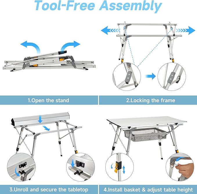 Camping Table Portable Foldable with Adjustable Legs Aluminum Roll Up Table with Large Mesh Storage Layer &amp Carrying Bag Lightweight Outdoor Picnic Table for Camping Beach BBQ Backyard