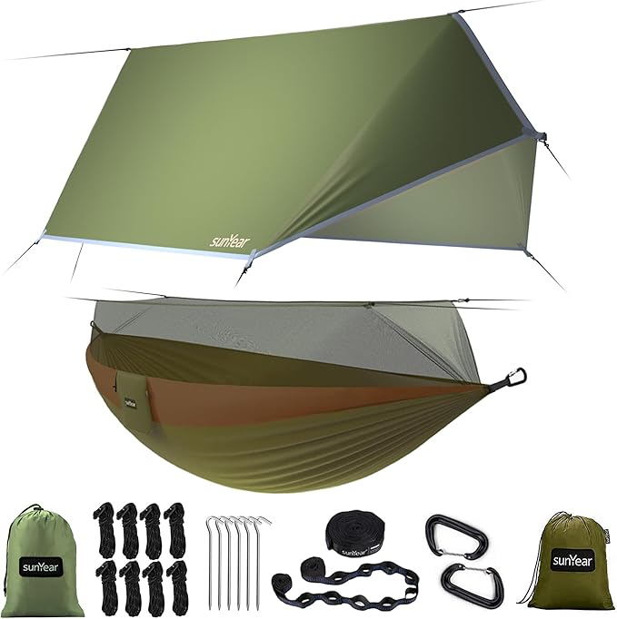 Sunyear Camping Hammock Portable Single &amp Double Hammock with Net 2 Person Hammock Tent with 2 * 10ft Straps Best for Outdoor Hiking Survival Travel